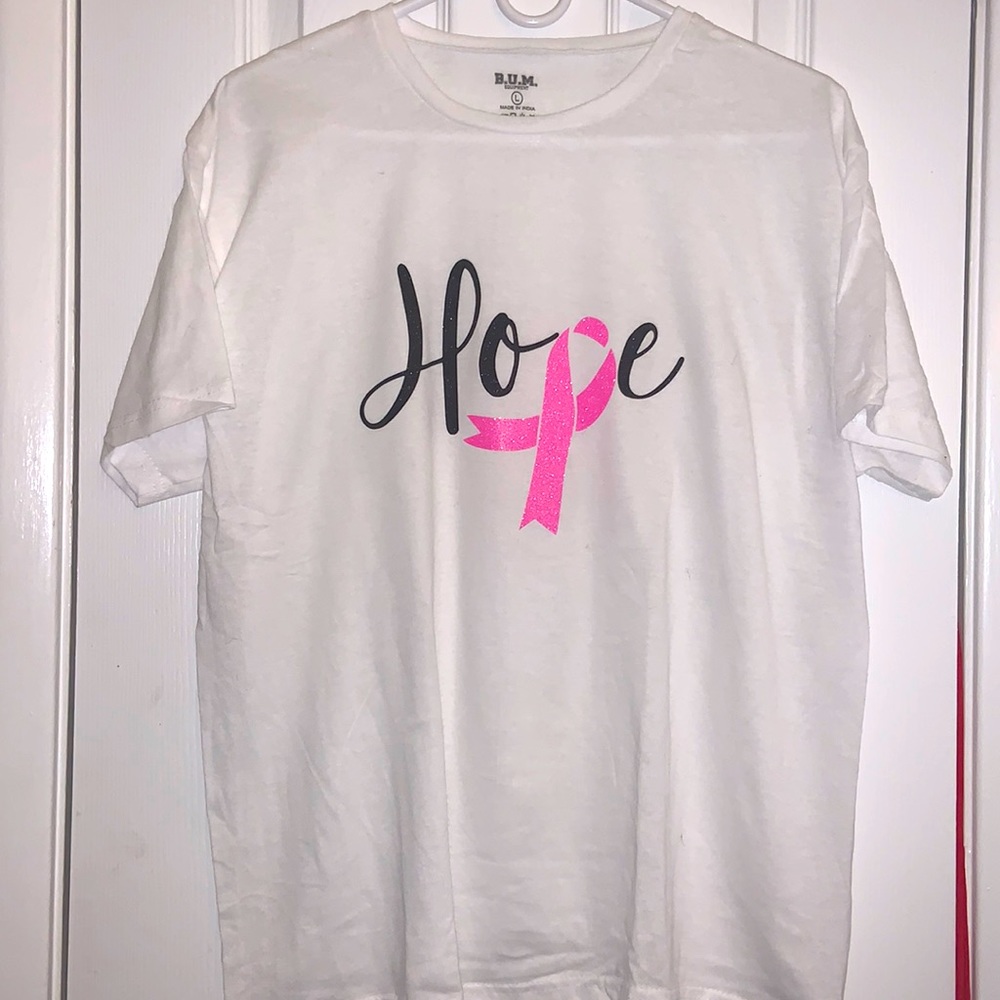 BUM EQUIPMENT White HOPE BREAST CANCER TEE SHIRT 100% cotton size L